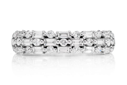 THREE ROW ALTERNATING ROUND AND BAGUETTE DIAMOND RING 14K SOLID GOLD 0.90CTW