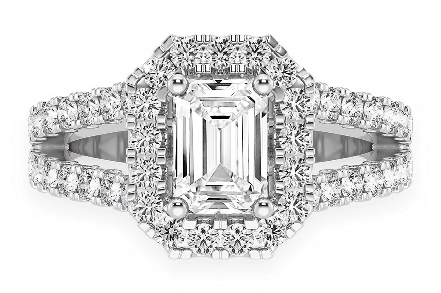 SPHINX - 0.75CT EMERALD CUT SOLITAIRE - HALO SPLIT SHANK - DIAMOND ENGAGEMENT RING