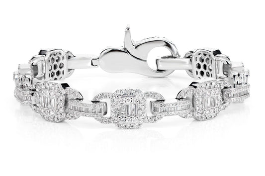 SQUARE FRAME BAGUETTE AND ROUND DIAMOND LINK BRACELET SOLID GOLD 9.00CTW