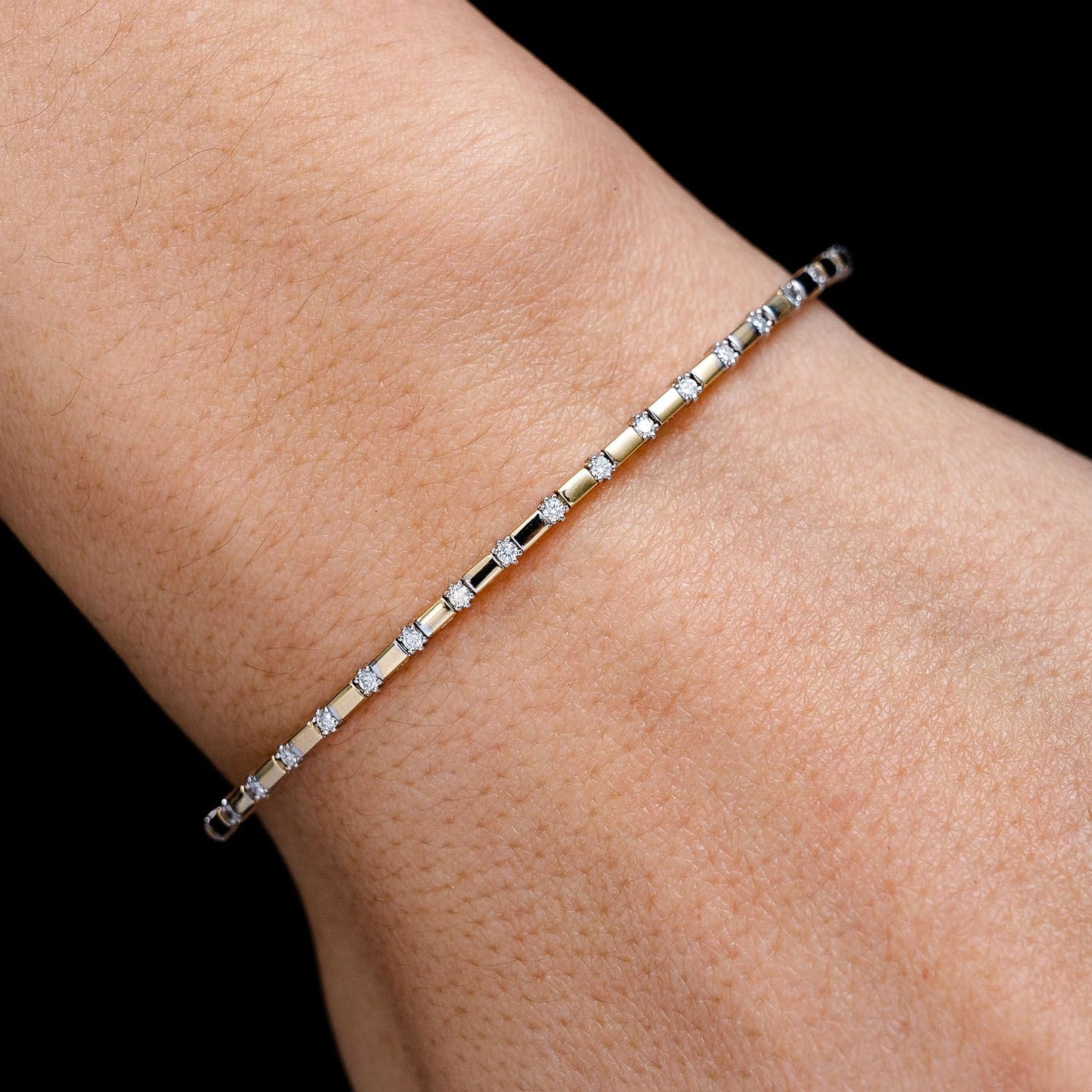 RECTANGLE BEAD AND BALL DIAMOND BANGLE BRACELET 14K SOLID GOLD 0.50CTW