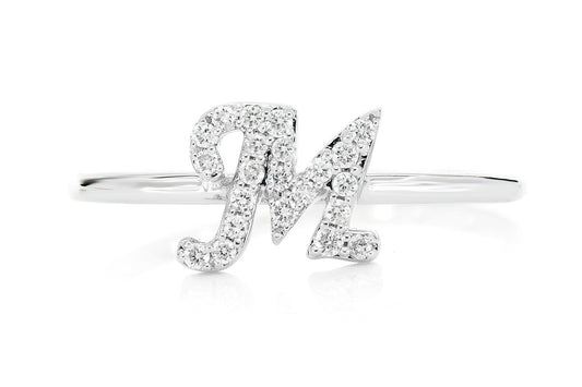 CURSIVE LETTER M DIAMOND RING 14K SOLID GOLD 0.10CTW