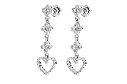 OPEN HEART CLOVER DIAMOND DANGLING EARRINGS 14K SOLID GOLD 1.25CTW