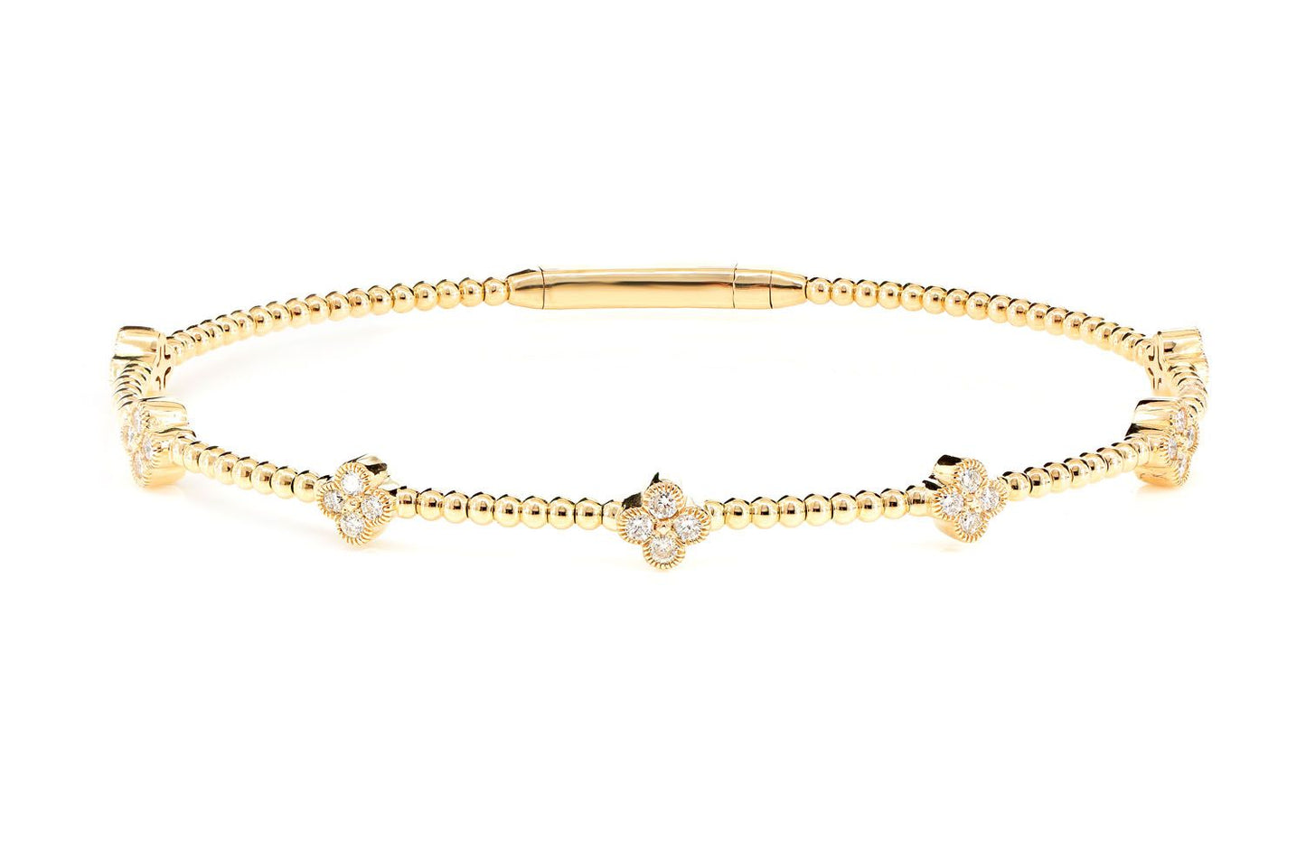 BEADED MILGRAIN DIAMOND CLOVER FLEX BANGLE BRACELET 14K SOLID GOLD 0.45CTW