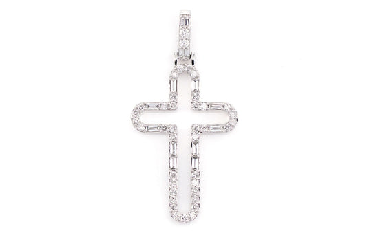 ROUNDED OPEN ROUND AND BAGUETTE DIAMOND CROSS PENDANT 14K SOLID GOLD 0.50CTW