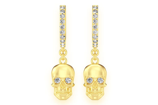 SKULL HOOP DANGLING DIAMOND EARRINGS 14K SOLID GOLD 0.30CTW