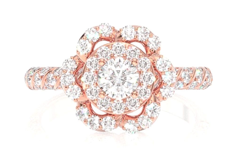 INEL CU DIAMANTE RĂSUCIATE CU HALO DE FLOARE, AUR MASIV DE 14K, 0.50CT