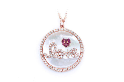 MOTHER OF PEARL LOVE DISC HALO DIAMOND PENDANT ATTACHED NECKLACE 14K SOLID GOLD 0.35CTW
