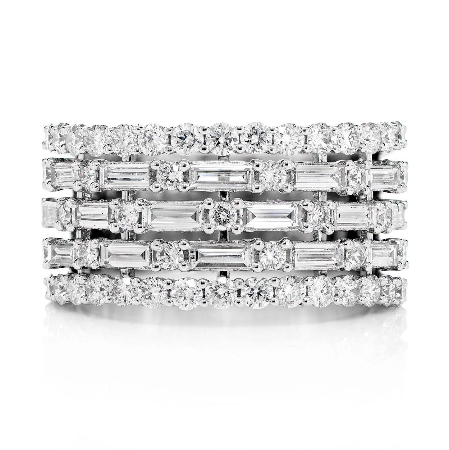 FIVE ROW BAGUETTE AND ROUND DIAMOND BAND RING 14K SOLID GOLD 2.30CTW
