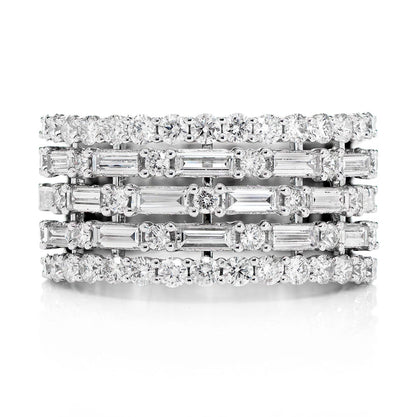 FIVE ROW BAGUETTE AND ROUND DIAMOND BAND RING 14K SOLID GOLD 2.30CTW