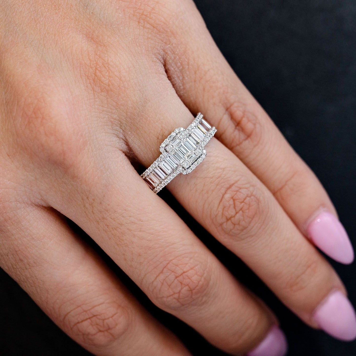 1.55CTW BAGUETTE RAISED CLUSTER THREE ROW DIAMOND ENGAGEMENT RING 14K SOLID GOLD