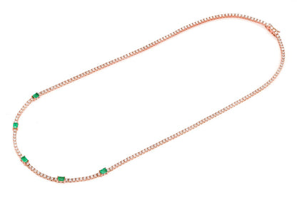 DIAMOND TENNIS NECKLACE WITH EMERALD GEMSTONES 14K SOLID GOLD 5.90CTW