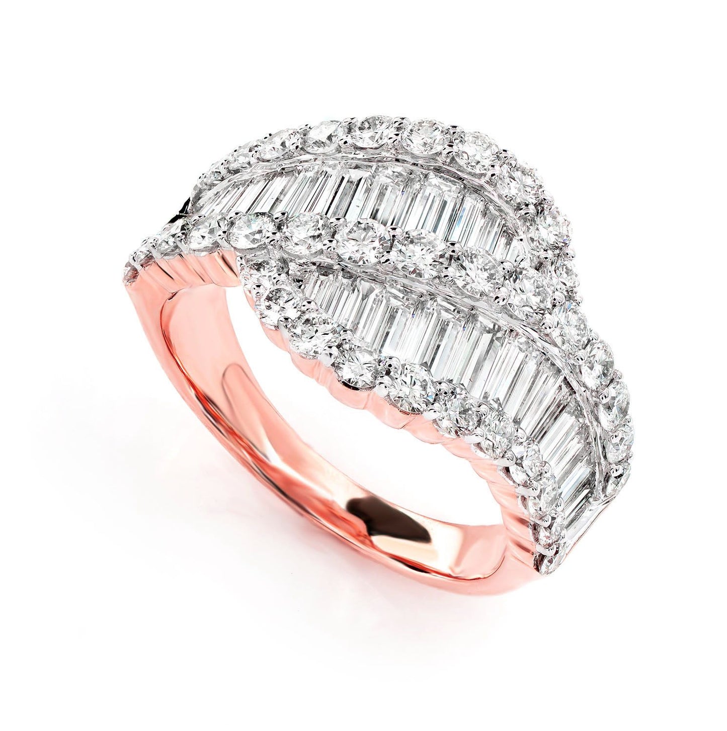 BAGUETTE AND ROUND DIAMOND WAVE RING 14K SOLID GOLD 2.75CTW