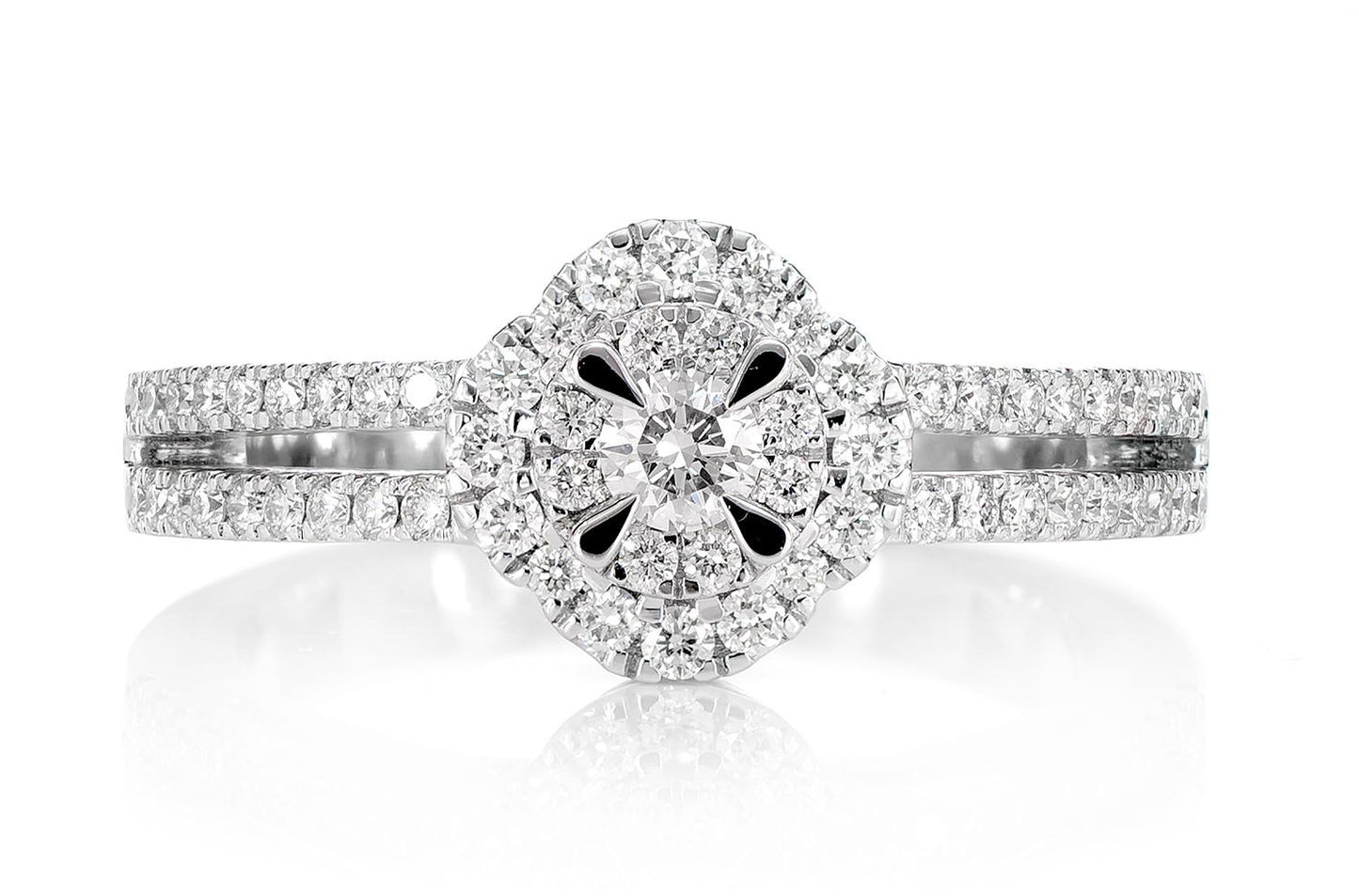 0.50CTW DOUBLE HALO FLOWER SPLIT SHANK - DIAMOND ENGAGEMENT RING