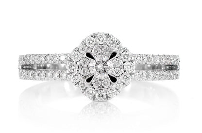 0.50CTW DOUBLE HALO FLOWER SPLIT SHANK - DIAMOND ENGAGEMENT RING