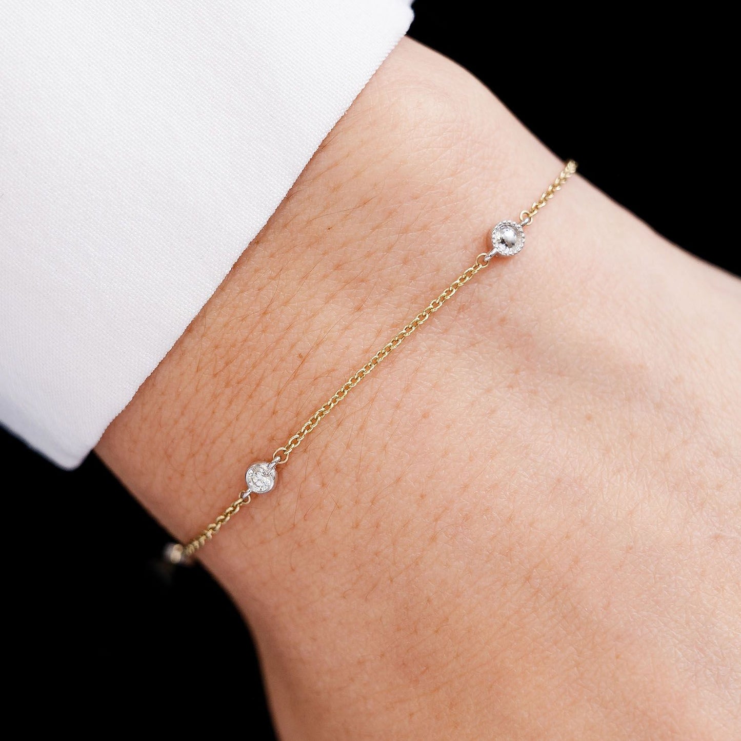 BEAD BEZEL DIAMOND STATION BRACELET 14K SOLID GOLD 0.10CTW