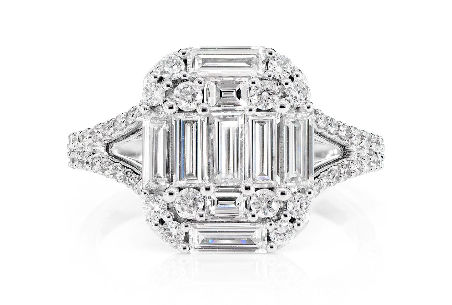 1.85CTW CLUSTER SPLIT SHANK BAGUETTE AND ROUND DIAMOND ENGAGEMENT RING 14K SOLID GOLD