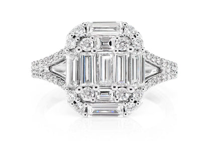 1.85CTW CLUSTER SPLIT SHANK BAGUETTE AND ROUND DIAMOND ENGAGEMENT RING 14K SOLID GOLD
