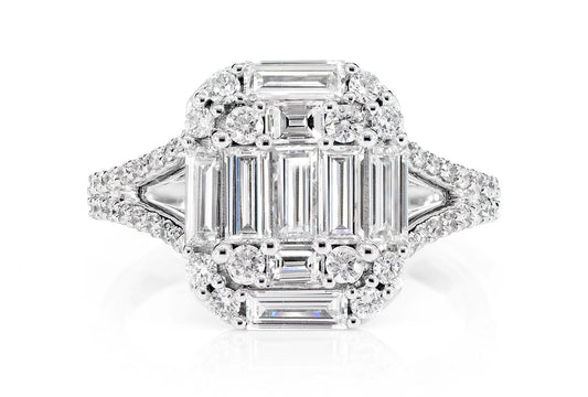 1.85CTW CLUSTER SPLIT SHANK BAGUETTE AND ROUND DIAMOND ENGAGEMENT RING 14K SOLID GOLD