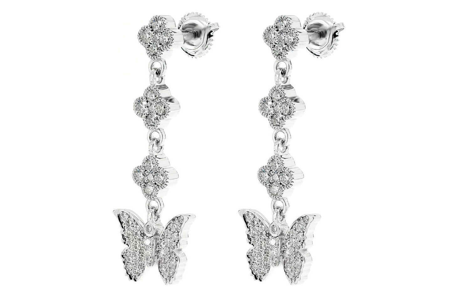 BUTTERFLY CLOVER DIAMOND DANGLING EARRINGS 14K SOLID GOLD 1.25CTW