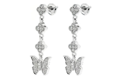 BUTTERFLY CLOVER DIAMOND DANGLING EARRINGS 14K SOLID GOLD 1.25CTW