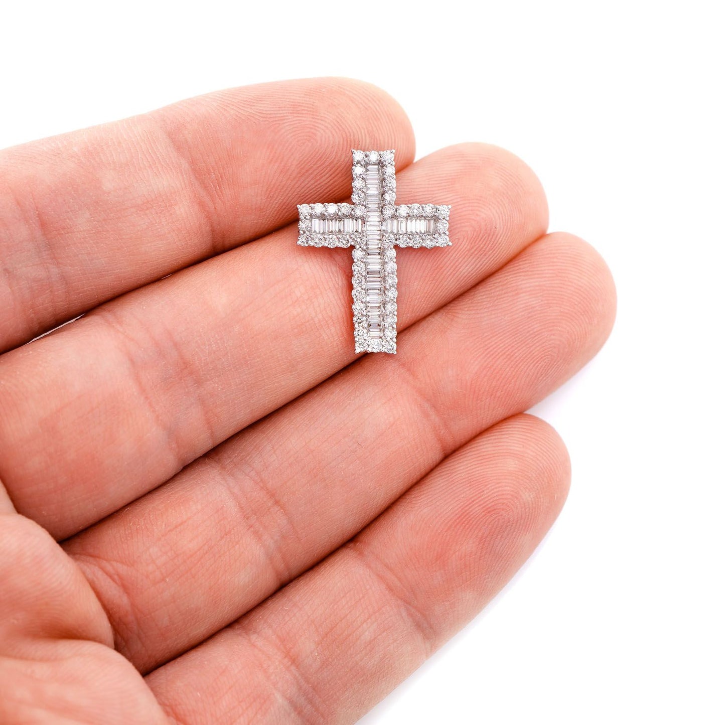 ROUND BORDER BAGUETTE DIAMOND CROSS PENDANT 14K SOLID GOLD 1.00CTW
