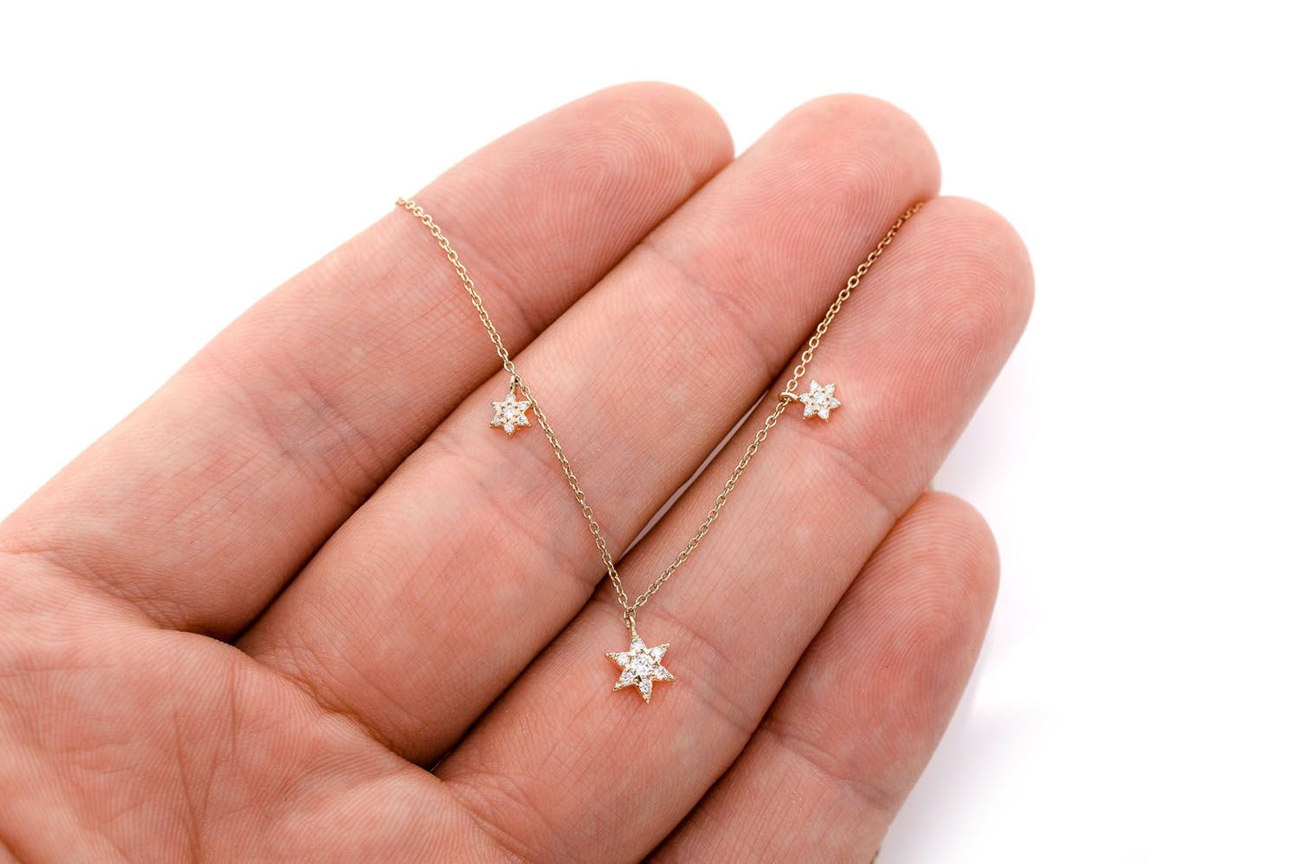 THREE STAR DIAMOND NECKLACE 14K SOLID GOLD 0.21CTW