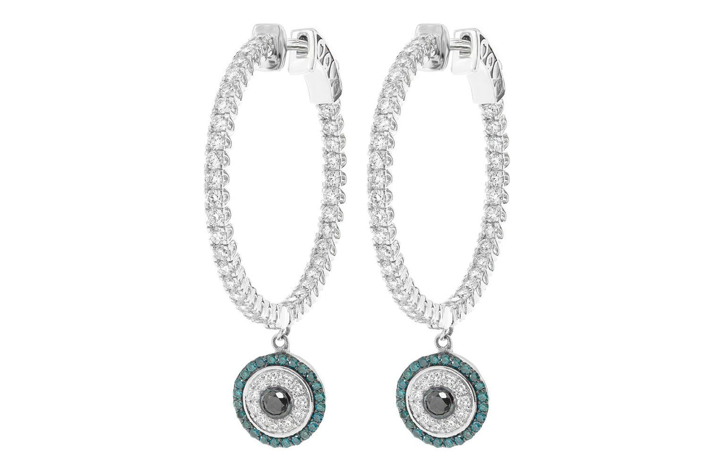 EVIL EYE ROUND DANGLING DIAMOND HOOP EARRINGS 14K SOLID GOLD 2.20CTW