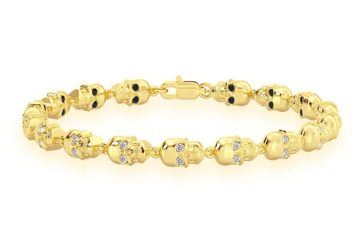 BLACK DIAMOND & WHITE DIAMOND SKULL LINK BRACELET 14K SOLID GOLD 1.50CTW