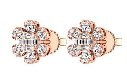 FLORAL BAGUETTE & ROUND DIAMOND STUD EARRINGS 14K SOLID GOLD 0.50CTW