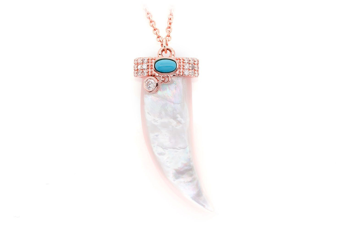 MOTHER OF PEARL HORN DIAMOND TURQUOISE PENDANT & NECKLACE 14K SOLID GOLD