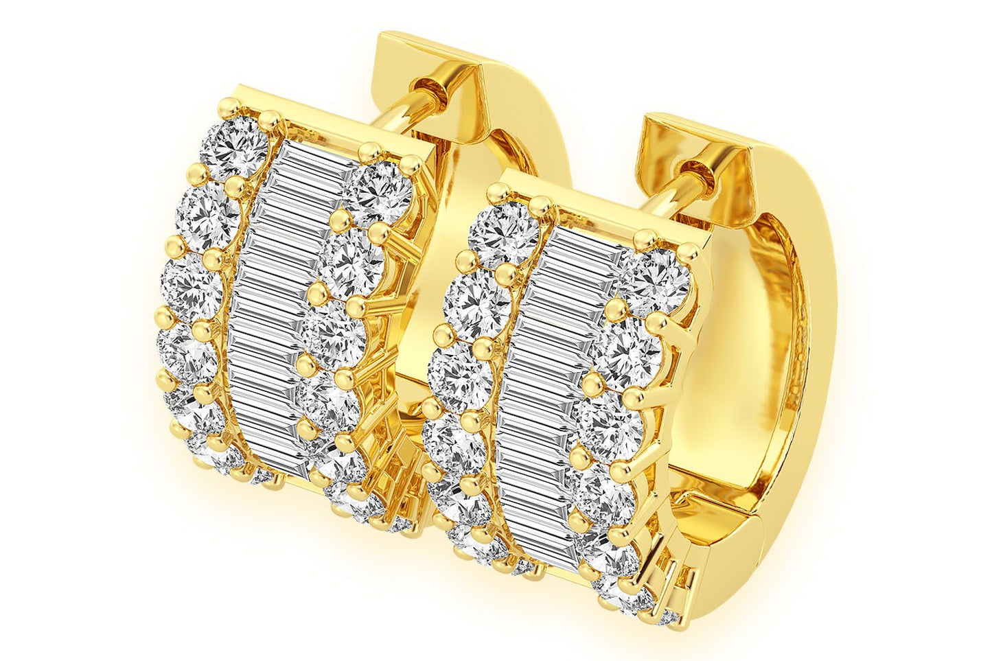 BAGUETTE & ROUND HOOP DIAMOND EARRINGS 14K SOLID GOLD 2.00CTW