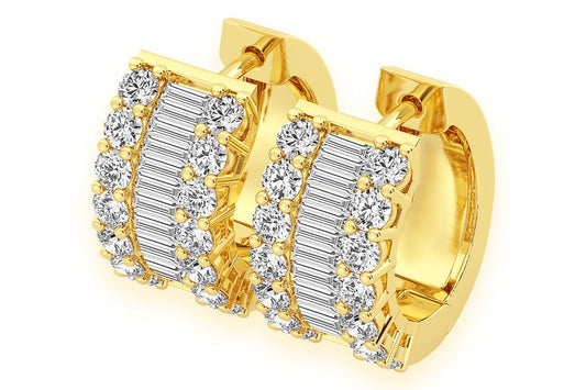 CERCEI CU DIAMANTE, FORMĂ BAGHETĂ ȘI ROTUNZĂ, AUR MASIV DE 14K, 2.00CT