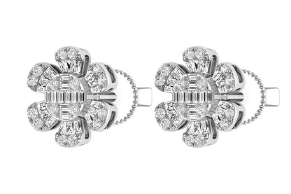 FLORAL BAGUETTE & ROUND DIAMOND STUD EARRINGS 14K SOLID GOLD 0.50CTW