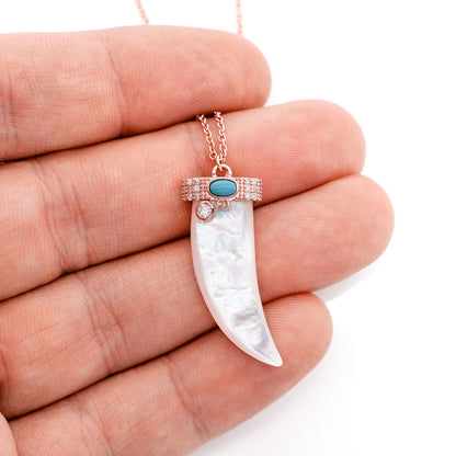 MOTHER OF PEARL HORN DIAMOND TURQUOISE PENDANT & NECKLACE 14K SOLID GOLD