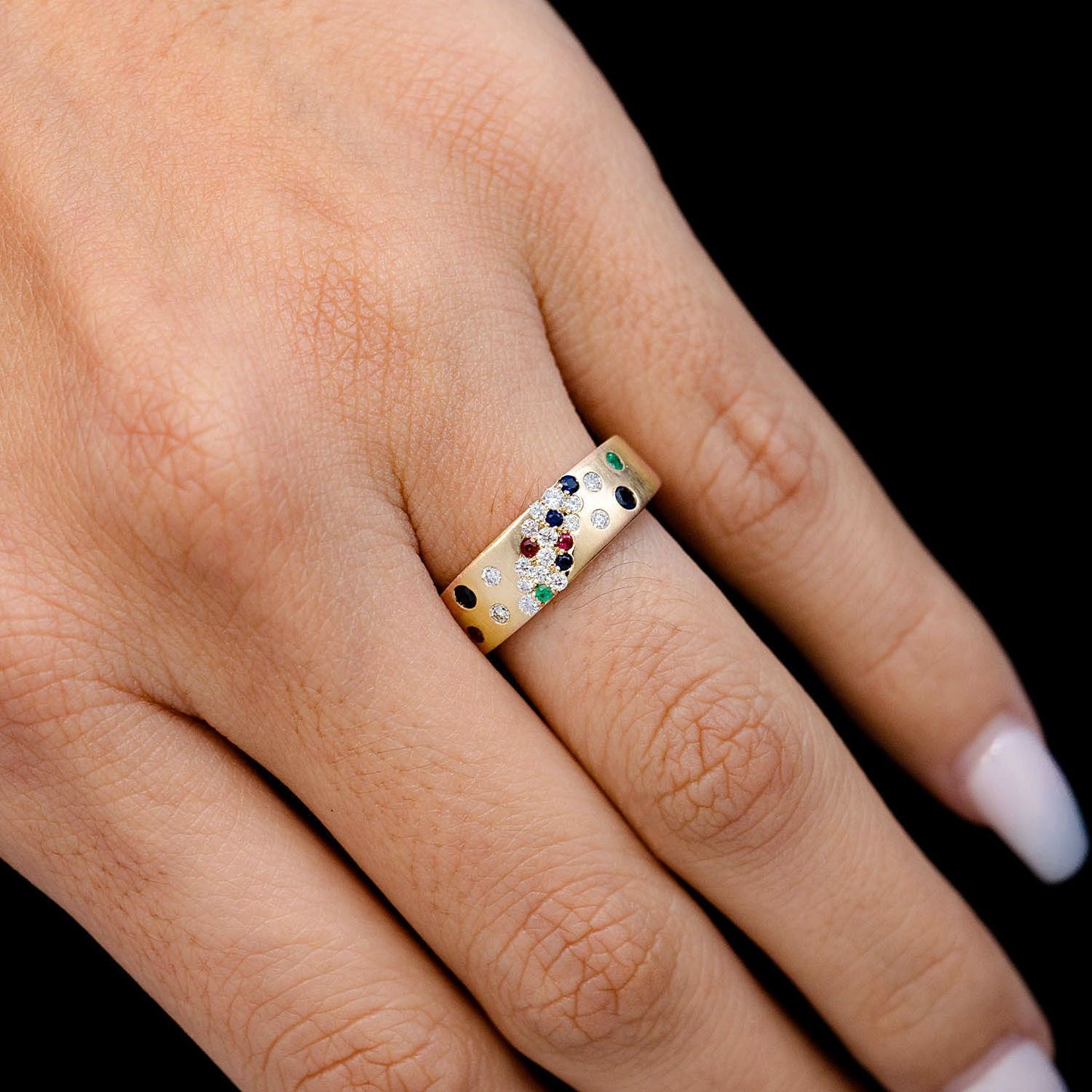 SCATTERED CLUSTER MULTI GEM AND DIAMOND BAND RING 14K SOLID GOLD 0.35CTW
