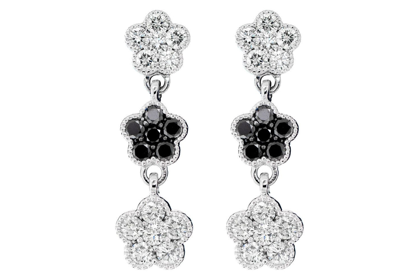 BLACK & WHITE DIAMOND DANGLING CLOVER EARRINGS 14K SOLID GOLD 1.50CTW