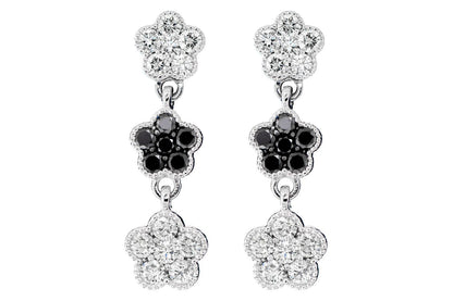 BLACK & WHITE DIAMOND DANGLING CLOVER EARRINGS 14K SOLID GOLD 1.50CTW