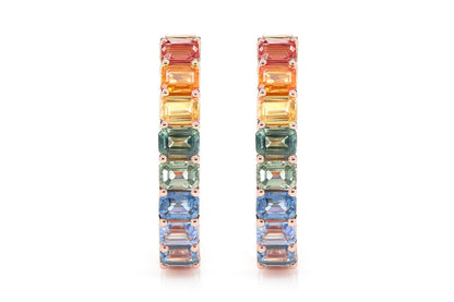 RAINBOW COLORED SAPPHIRE INSIDE OUTSIDE HOOP EARRINGS 14K SOLID GOLD 7.10CTW