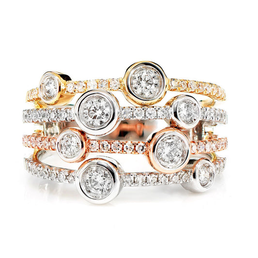 FOUR ROW TRI COLOR BEZEL DIAMOND RING 14K SOLID GOLD 0.45CTW
