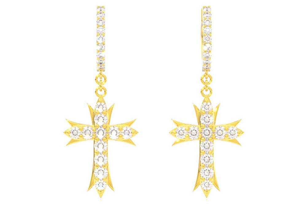 DECO CROSS HUGGIE HOOPS 14K SOLID GOLD 1.00CTW