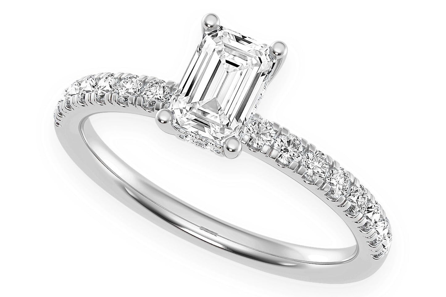 THINN - 0.50CT EMERALD SOLITAIRE - ONE ROW UNDER HALO - DIAMOND ENGAGEMENT RING