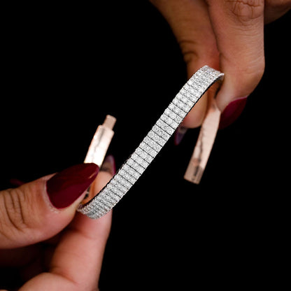 THREE ROW DIAMOND FLEX BANGLE BRACELET 3.85CTW 14K SOLID GOLD