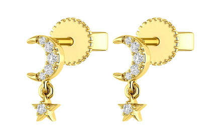 MOON AND STAR DANGLING DIAMOND EARRINGS 14K SOLID GOLD 0.05CTW