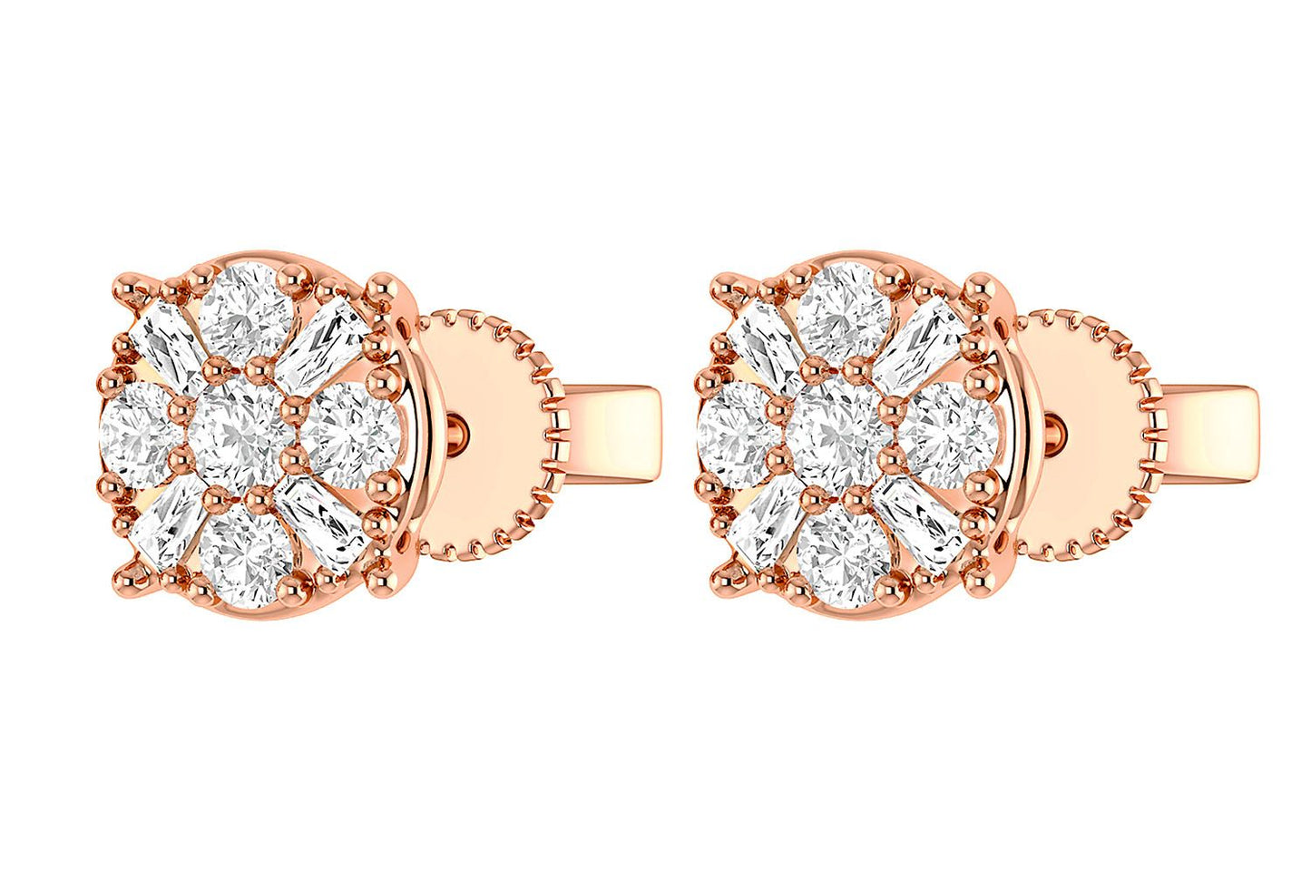 BAGUETTE ROUND CLUSTER STUD EARRINGS 14K