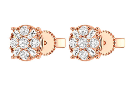 BAGUETTE ROUND CLUSTER STUD EARRINGS 14K