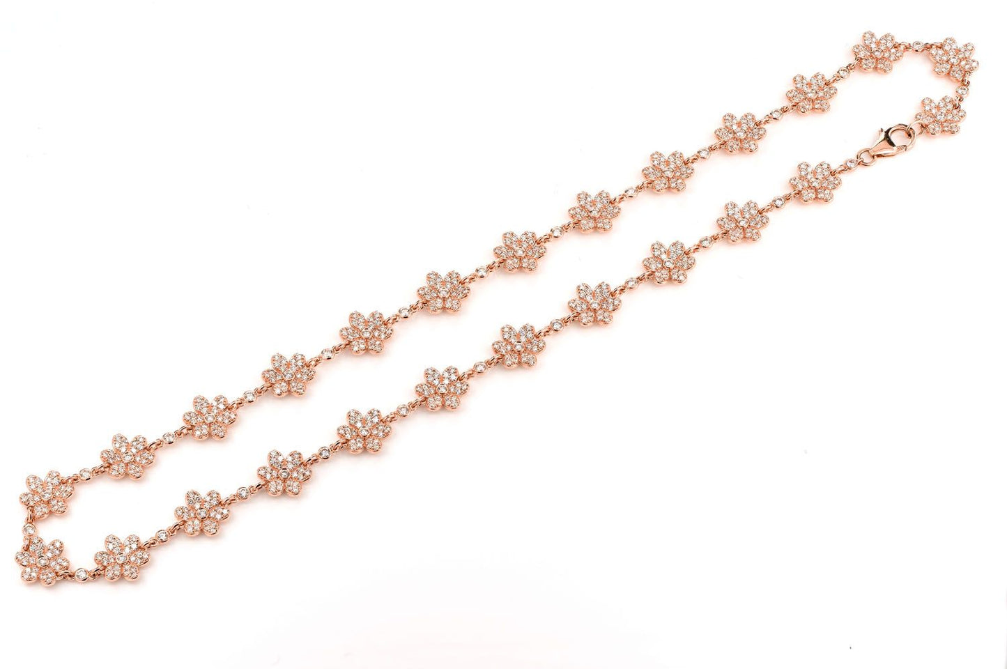 SIX PETAL FLOWER DIAMOND LINK STATION CHAIN 14K SOLID GOLD 7.00CTW