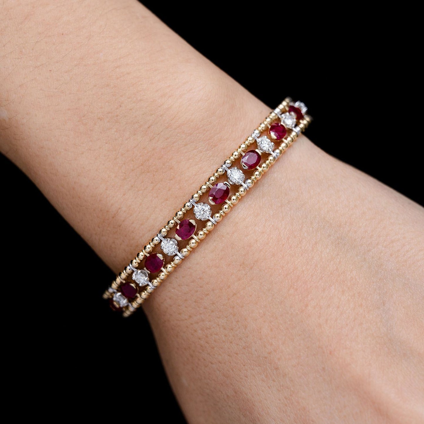 OVAL AND ROUND BEADED RUBY AND DIAMOND FLEX BANGLE BRACELET 14K SOLID GOLD 3.50CTW
