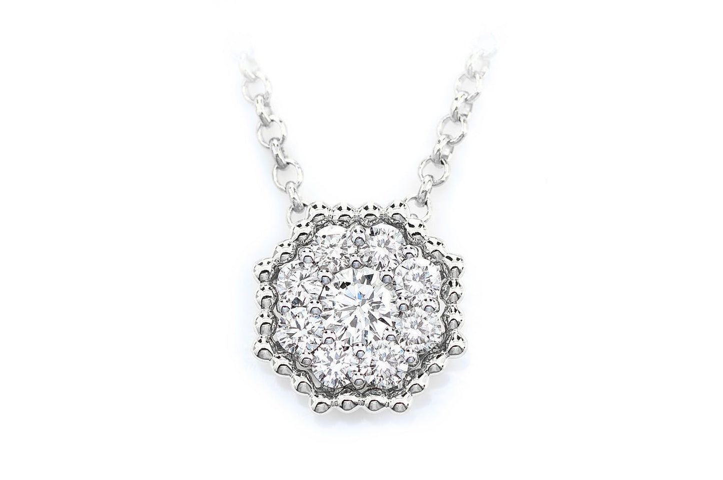 BEADED HEXAGON CLUSTER DIAMOND PENDANT ATTACHED NECKLACE 14K SOLID GOLD 0.45CTW