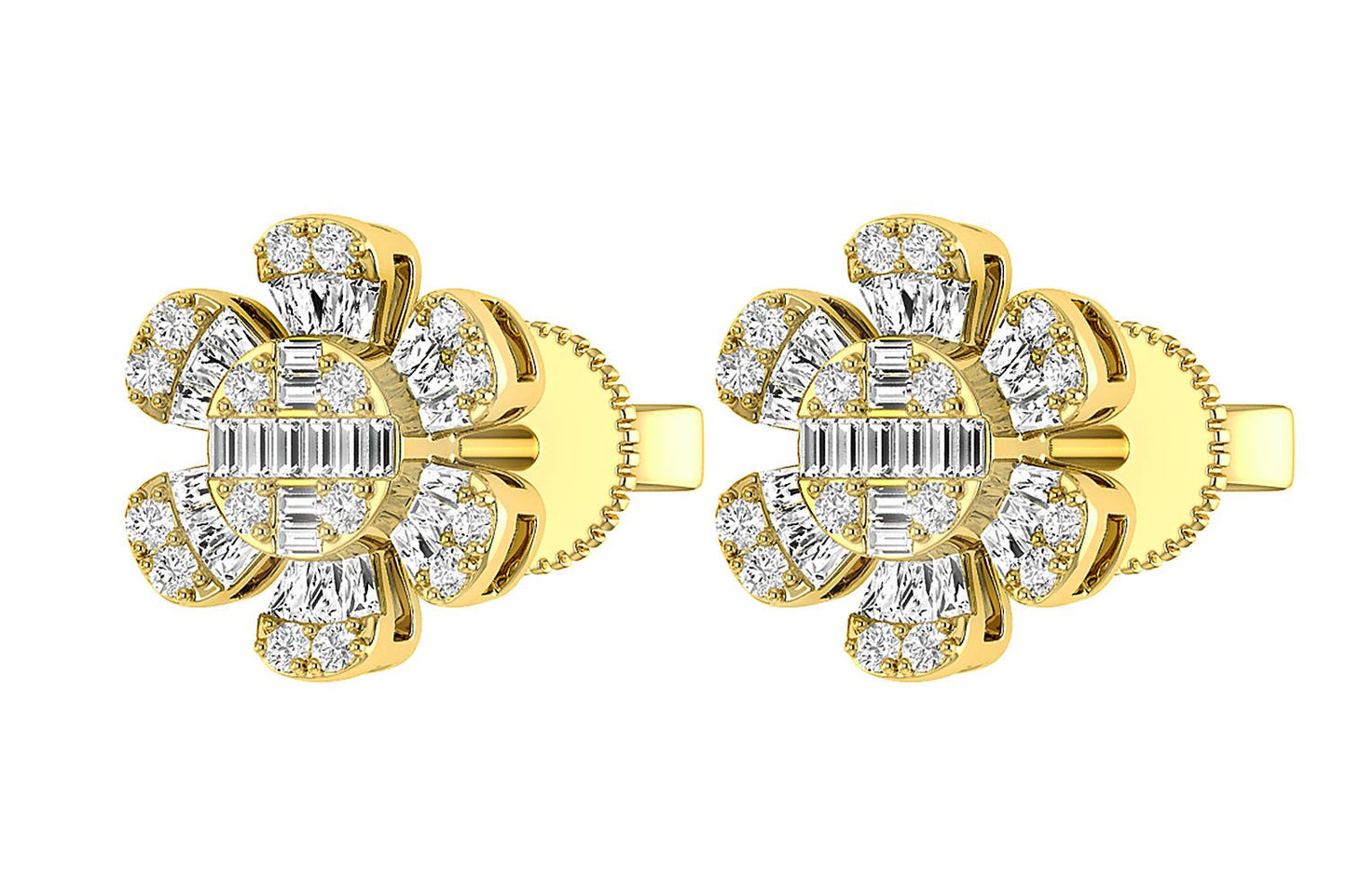 FLORAL BAGUETTE & ROUND DIAMOND STUD EARRINGS 14K SOLID GOLD 0.50CTW