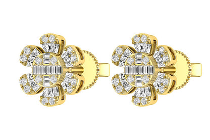 FLORAL BAGUETTE & ROUND DIAMOND STUD EARRINGS 14K SOLID GOLD 0.50CTW